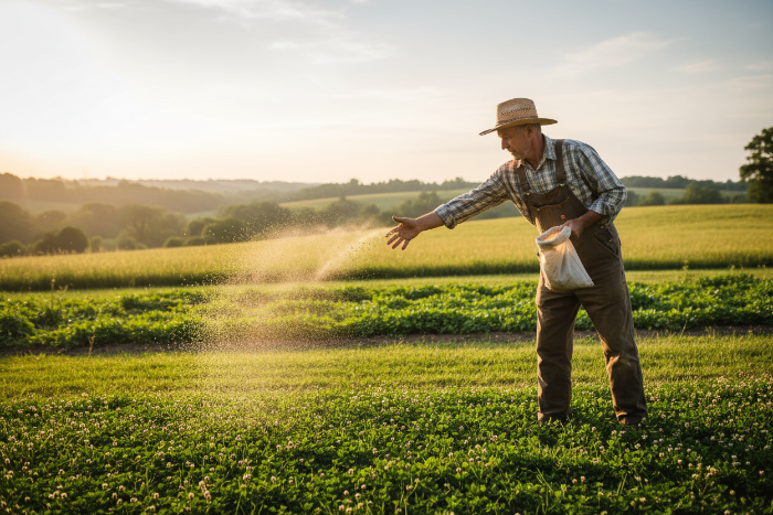 Farmer in a field spreading clover seed at sunset
