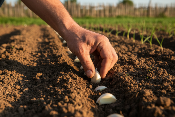 Hand planting garlic cloves into garden soil with a blurred natural background