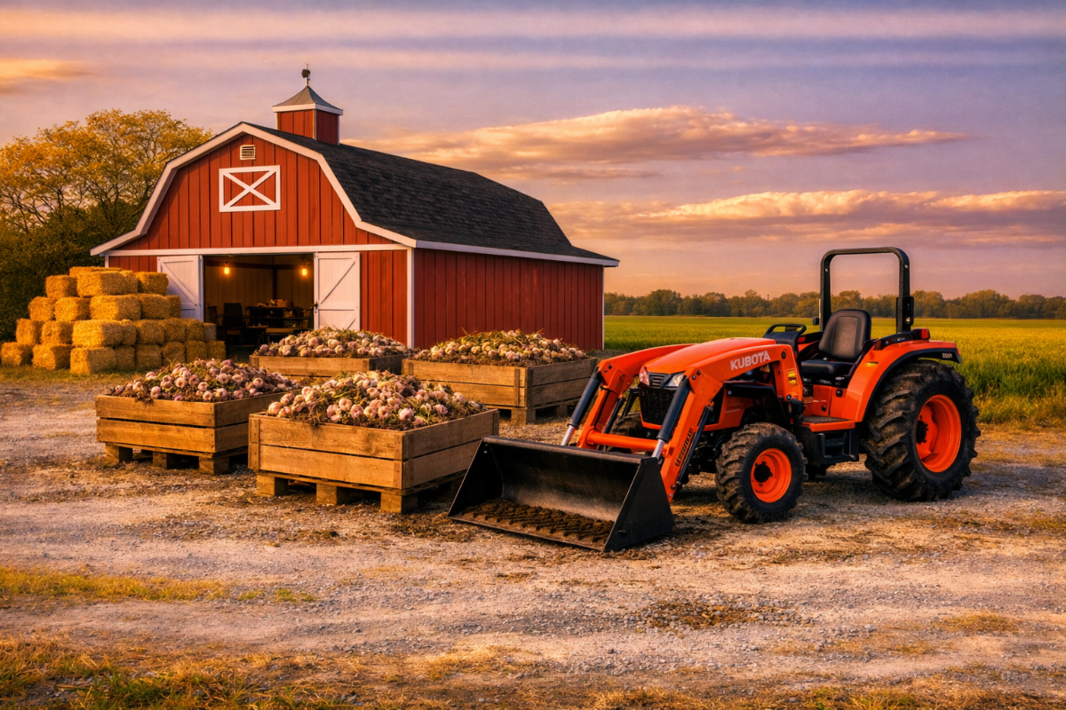 orange tractor beside four pallet boxes full of garlic with a red barn and cereal filed and sky in the background