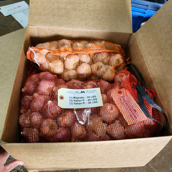 Box containing bags of garlic with a tag on top.