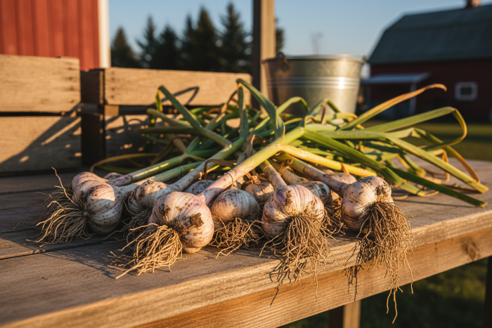 Bunch of garlic on a wooden table with a barn in the background