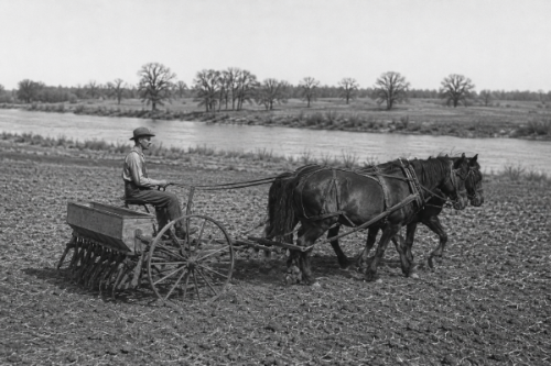 farmer sitting on seed drill being pulled by two horse with a river in the background